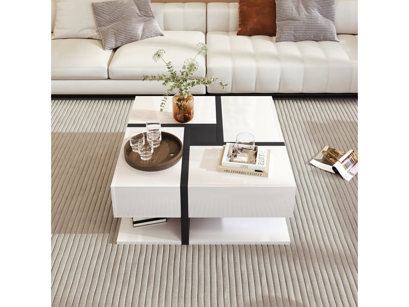  Table basse carrée avec 4 tiroirs et étagère ouverte, finition brillante, pour salon, en panneaux de particules, 78 x 78 x 36 cm  - Conforama D