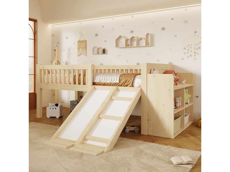 Lit mezzanine 90x200 cm enfant, lit simple avec toboggan, échelle d'escalade, rangement latéral, espace sous le lit, structure bois, naturel - Conforama C