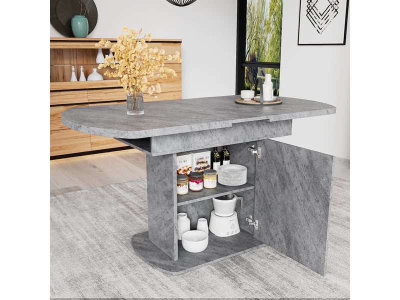  Table à manger extensible ovale 110-130 x 70 x 75 cm gris effet béton en panneau de particules avec rangement  - Conforama W