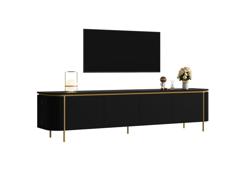  Meuble tv avec 6 portes sans poignées, 180 x 38 x 46 cm, extrémités arrondies, passage de câbles et pieds métalliques, mdf, noir Morn Vibe - Conforama A