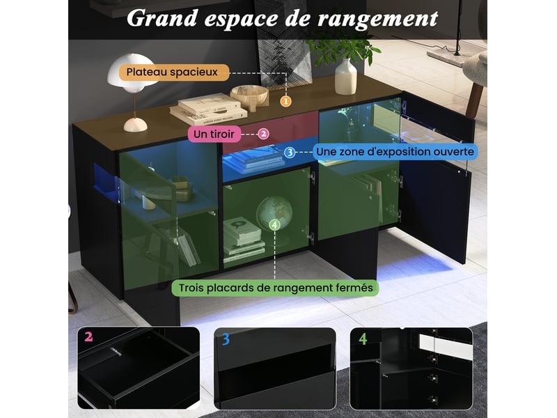 Buffet de salon 140x40,5x66,5 cm, 3 portes, 7 étagères, éclairage led, panneau de particules, finition brillante, noir - Conforama E