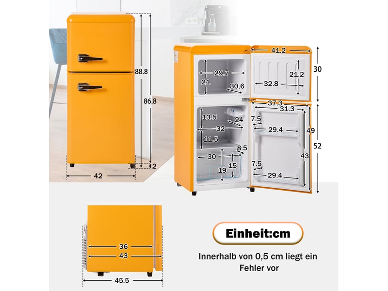 Réfrigérateur rétro 45,5x42,5x88,8 cm double porte — jaune antique - Conforama E