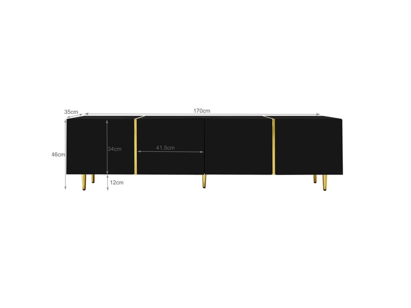 Meuble tv noir brillant et doré 170 x 35 x 46 cm, 4 portes à fermeture douce - Conforama C