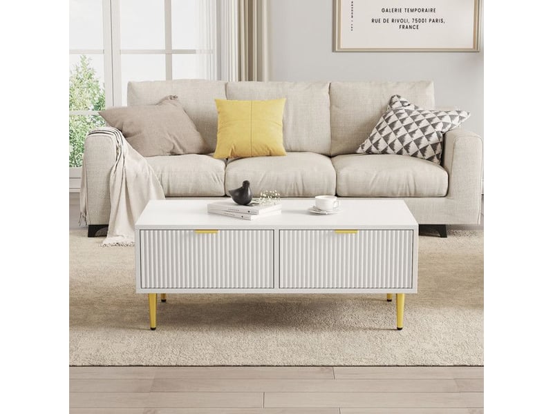  Table basse moderne - blanc avec accents dorés - 2 tiroirs - design à rayures verticales - pieds en métal 100x50x40cm - Conforama B