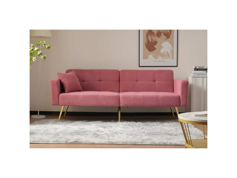  Canapé-lit 175x64x72 cm dossier réglable, poches latérales, pieds dorés, tissu sherpa rose  - Conforama D