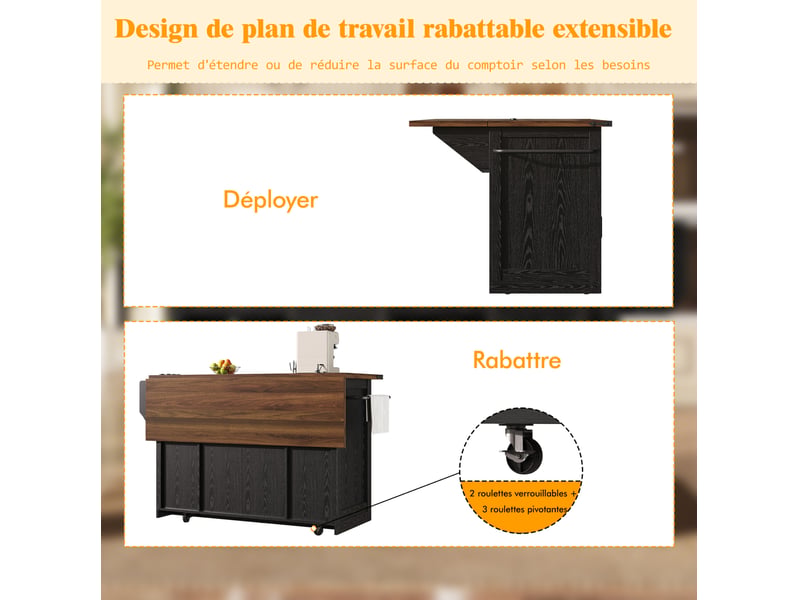  Îlot de cuisine mobile 120x45-75x91 cm avec plateau extensible, tiroirs et étagères, prise, pour cuisine, en mdf, noir  - Conforama D