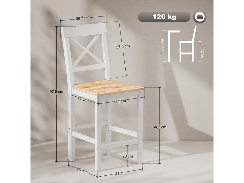  Tabourets hauts de cuisine en bois, hauteur d'assise 60,2 cm, avec dossier et repose-pieds, 41 x 46 x 97,5 cm, naturel et blanc  - Conforama E
