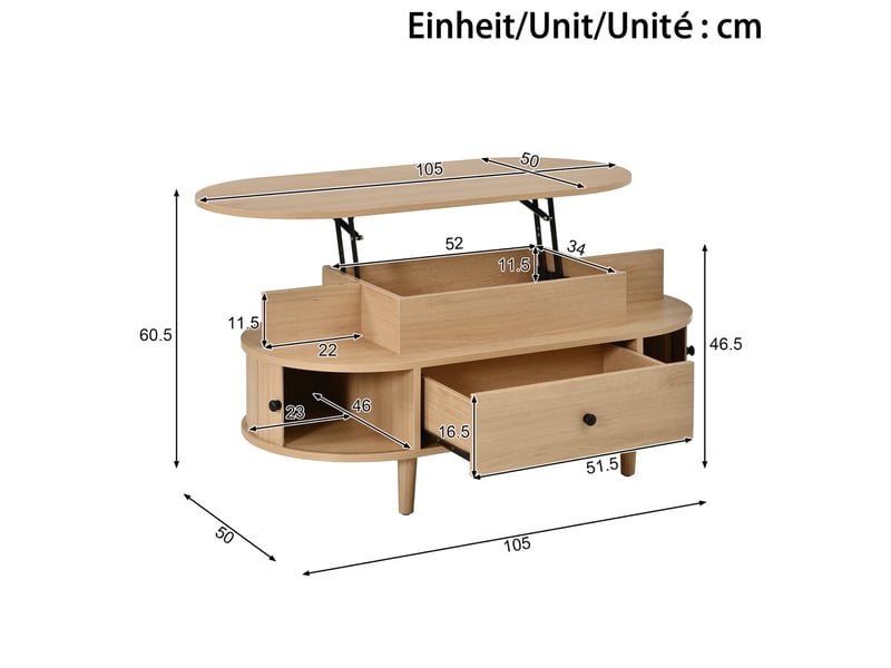  Table basse ovale 105x50x60,5 cm avec plateau relevable hydraulique, rangement caché, mdf, couleur naturel, corps est  - Conforama C