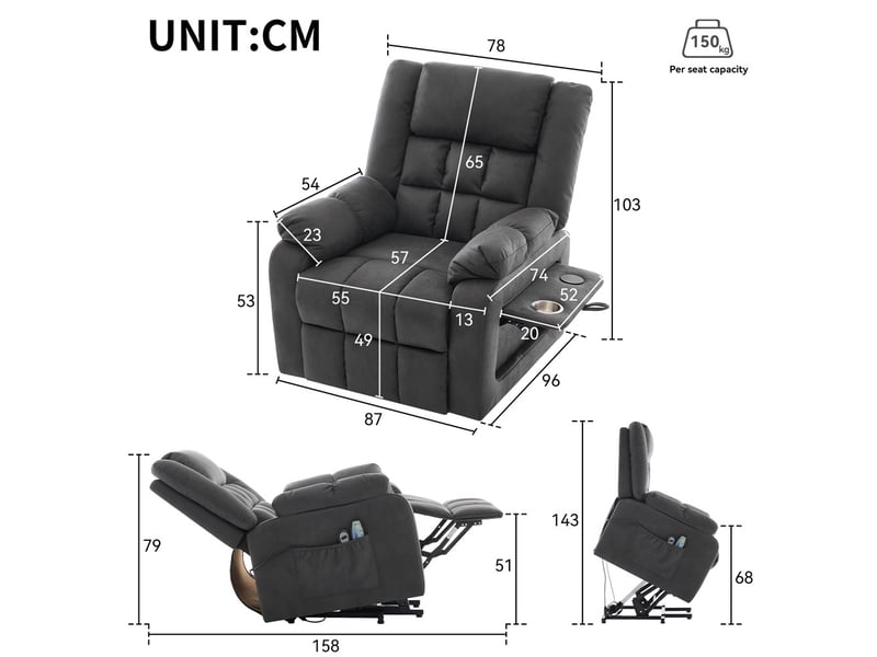  Fauteuil tv relax électrique 103 x 87 x 96 cm - avec fonction aufstehfunktion – massant, chauffant, avec porte-gobelet – tissu fonctionnel - gris  - Conforama C