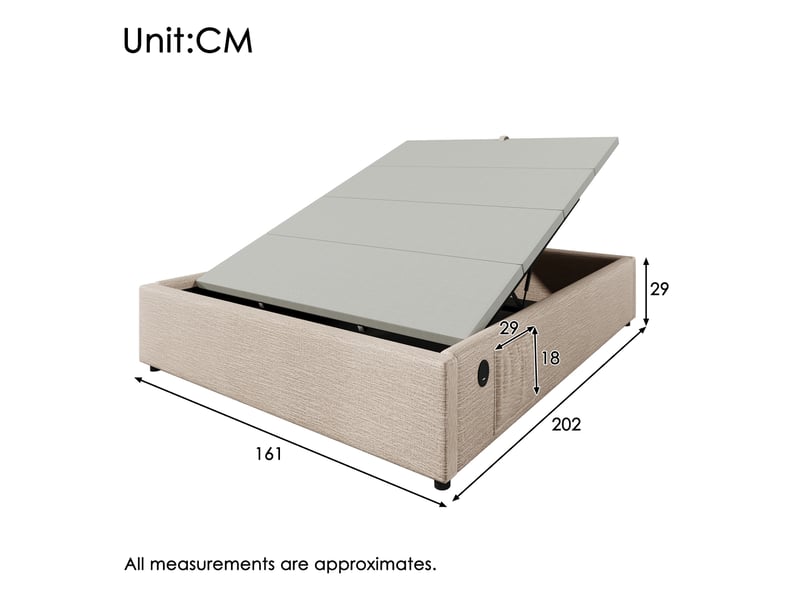 Lit coffre 160x200 cm rembourré, rangement hydraulique, usb-c intégré, revêtement lin naturel, sommier complet - Conforama C