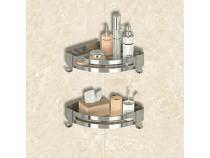 Support d'angle de douche, support de salle de bain sans perçage en acier inoxydable avec 4 crochets-2 pièces (argent)