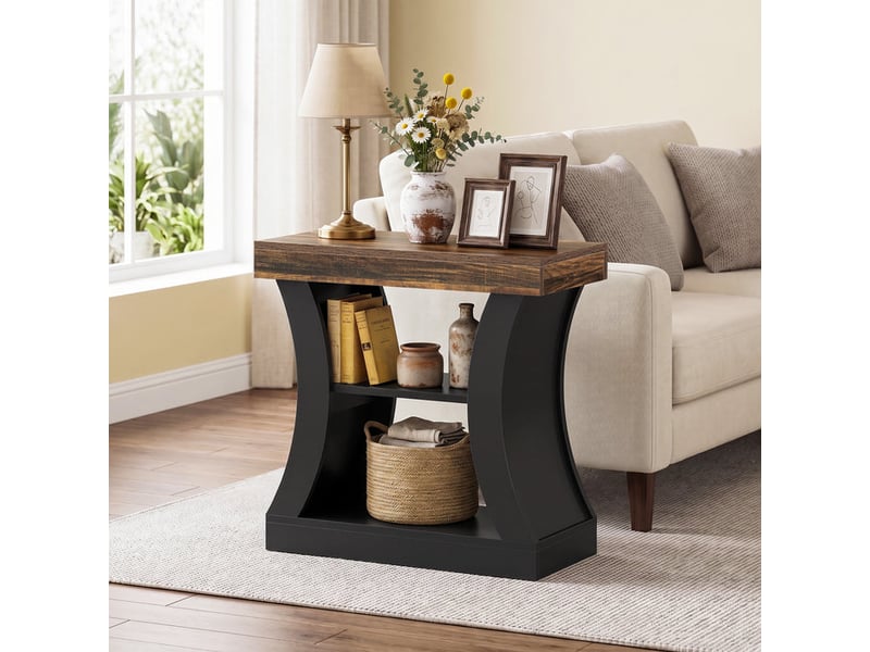  Bout de canapé de 80 cm pour salon, table d'appoint à 3 niveaux avec rangement, table de chevet moderne en bois pour chambre ou canapé, idéale pour les petits espaces, coloris marron rustique et noir  - Conforama B