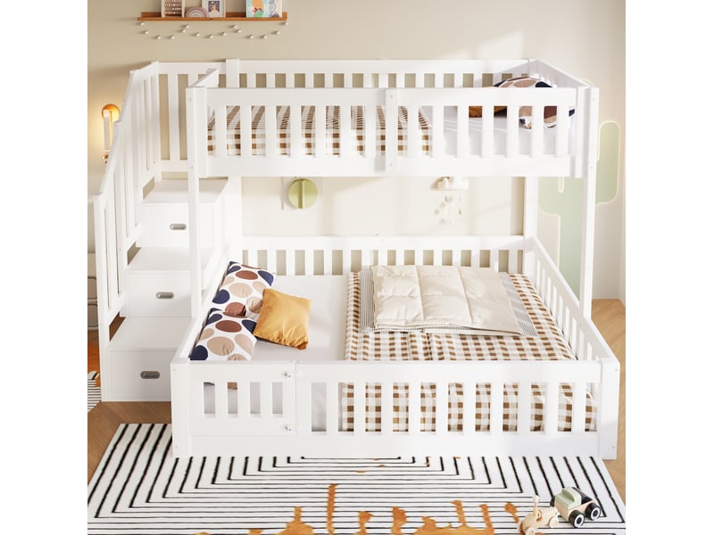  Lit superposé modenvie bas 90 x 200 et 140 x 200 cm avec escalier de rangement blanc  - Conforama D