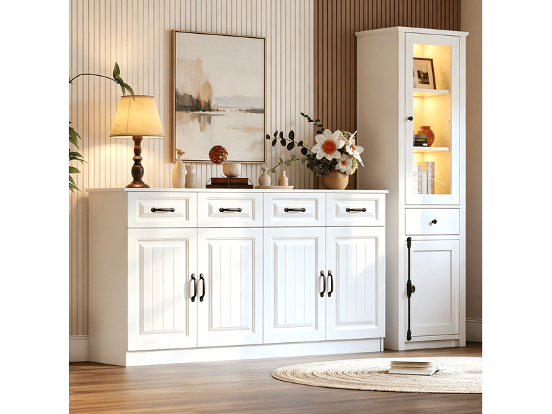  Ensemble de 2 meubles de rangement : buffet 160 cm et vitrine avec éclairage led, blanc  - Conforama B