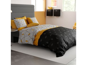 Parure housse de couette 240x220cm + 2 taies motif graphique jaune et noir 100% coton - farandole