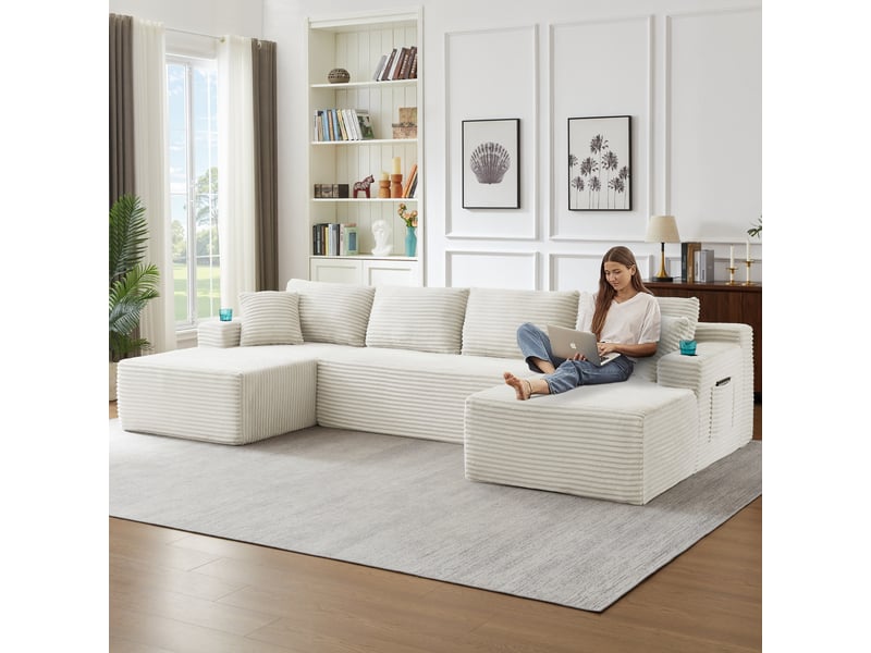 Canapé d'angle modulable en u canapé 4 places canapé compressé en velours côtelé avec porte-gobelets poches latérales, beige - Conforama E