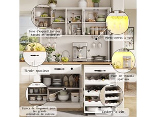 Buffet de cuisine 6 portes, 1 tiroir, led avec porte-verres et chariot a vin amovible - blanc, 140×38×180 cm