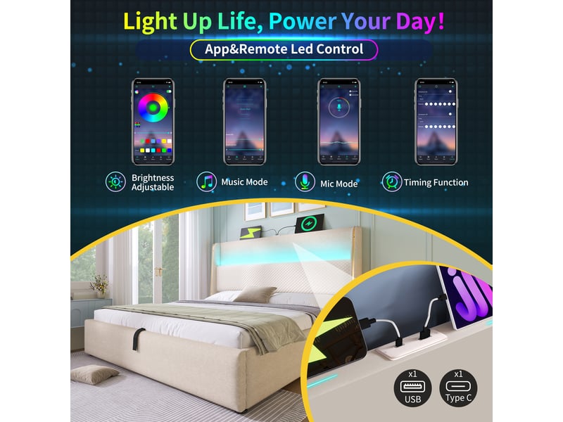 Lit hydraulique 160x200 avec rangement, matelas inclus, led, usb-c, beige - Conforama E