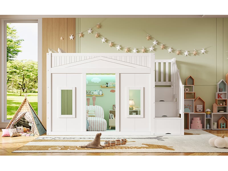  Lit mezzanine cabane 90x200 cm,escalier avec 3 rangements, fenêtres, espace sous le lit et led, pin et mdf, blanc  - Conforama B