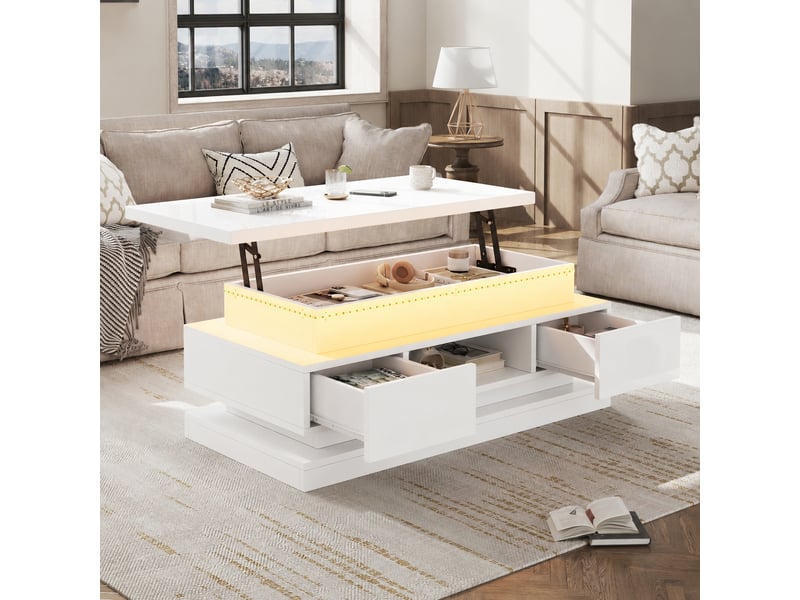  Table basse relevable blanche avec deux tiroirs, rangement caché et éclairage led, 100 x 50 cm  - Conforama B