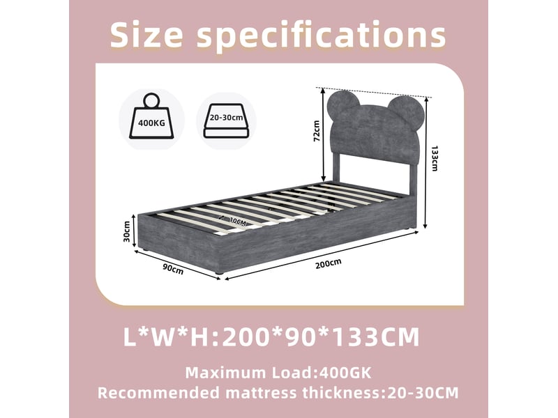  Lit coffre enfant 90x200 cm, tête de lit cartoon, ouverture à vérins, tissu et métal gris, sans matelas  - Conforama C