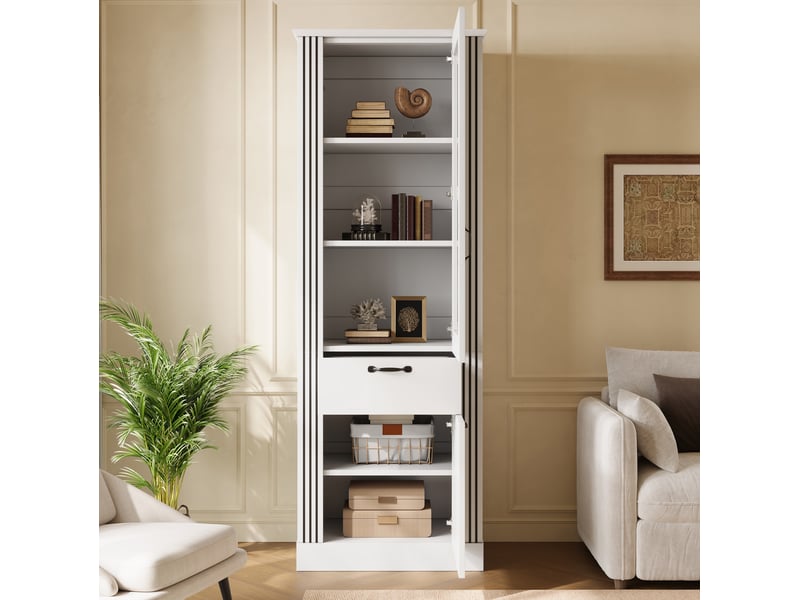  Buffet 62x41x180,5 cm avec éclairage led contrôlé par application, porte miroir, tiroir, panneau de particules, blanc  - Conforama D