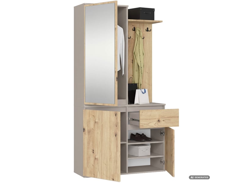 Meuble d entree entro 95 cm avec miroir pateres et meuble a chaussures cachemire et chene artisan Ensemble d'entrée ENTRO - Conforama B