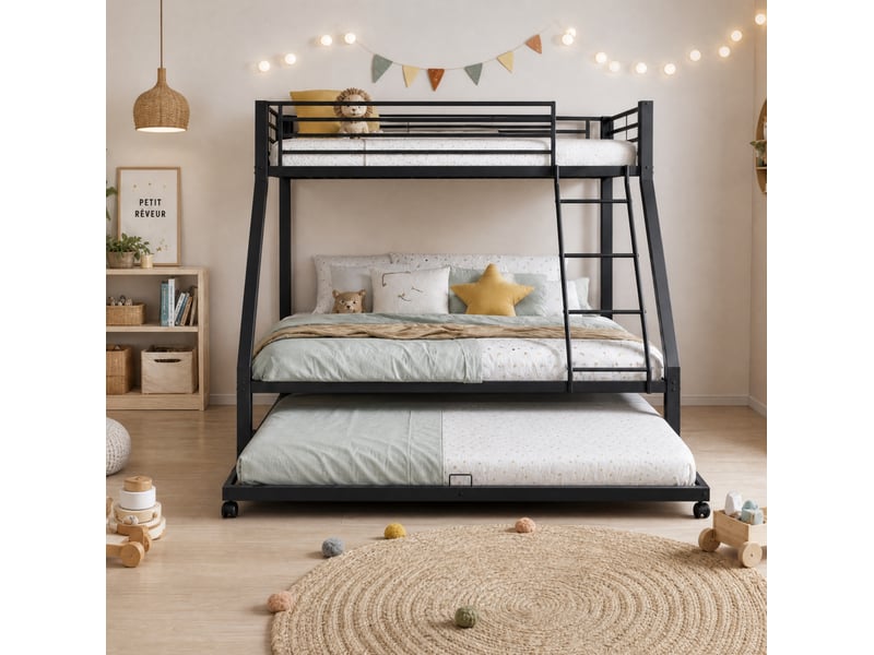Lit superposé métal noir 90x200 et 140x200 cm avec lit gigogne 90x190 cm - Conforama E