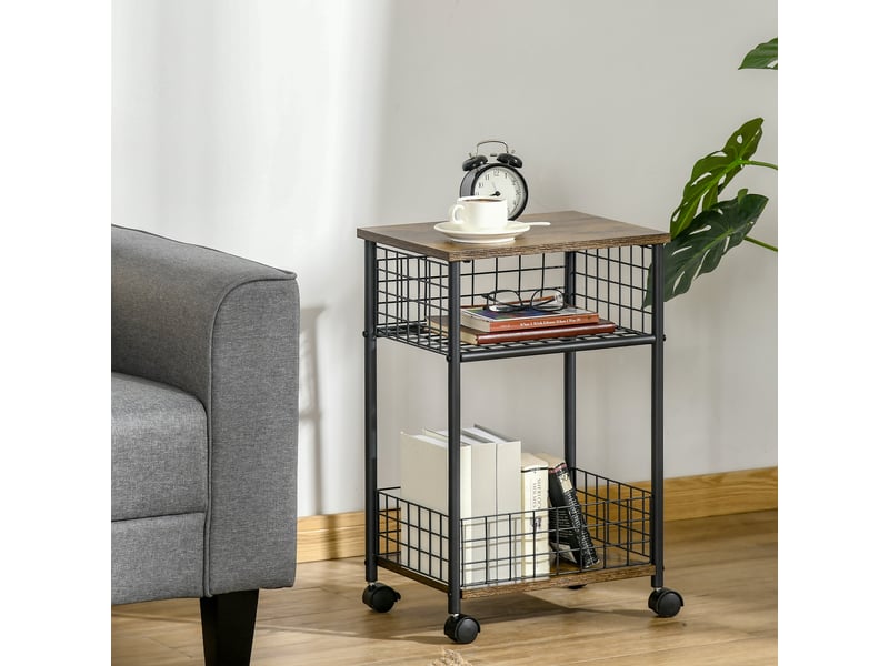  Chariot de cuisine de style industriel avec 1 étagère 1 panier de rangement et 4 roulettes en acier dimensions 40 x 30 x 62 cm noir et marron  - Conforama D