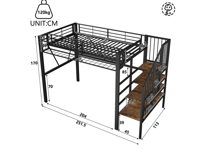  Lit mezzanine 90x200 cm avec rangements et led coloris noir  - Conforama C
