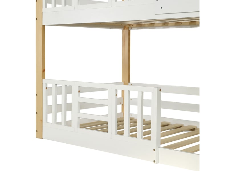  Lit superposé, 90 x 200 cm, lit cabane avec escalier de rangement, barrière de sécurité, fenêtre et toit, pin, blanc et naturel  - Conforama E