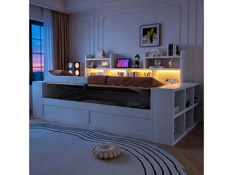  Lit banquette 1 place 90 x 200 cm en bois blanc, coffre hydraulique, rangements intégrés au dossier et aux accoudoirs, prise électrique, éclairage led  - Conforama E