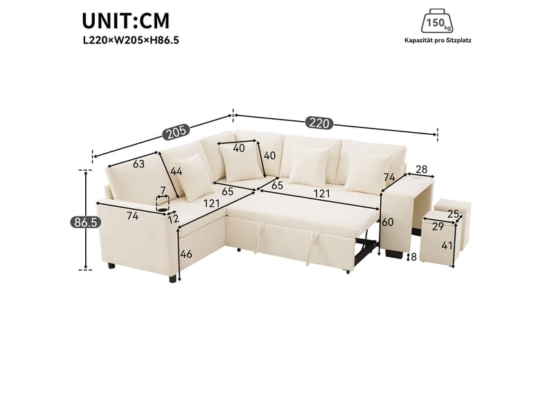  Canapé d'angle 220x205x86,5cm, porte-gobelets, coussins, canapé de salon, structure en bois, revêtement chenille, beige  - Conforama C
