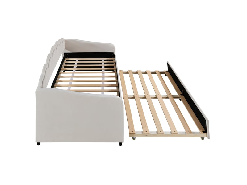 Lit gigogne 90x200cm avec lit extensible, éclairage led multicolore, design ondulé, velours, beige, sans matelas - Conforama E