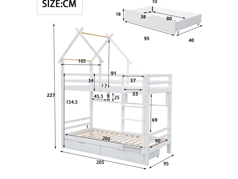  Lit superposé enfant 90x200 cm avec tiroirs et échelle, coloris blanc  - Conforama C