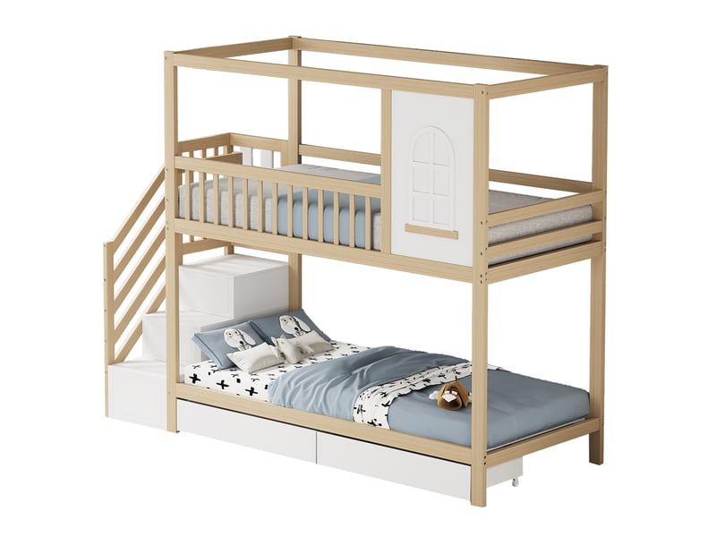  Modenvie lit superposé enfant 90x200 cm - avec tiroirs de rangement et echelle securisee - naturel  - Conforama A