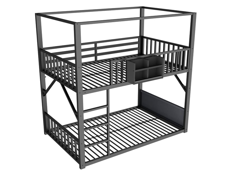  Lit superposé enfant 90x200 cm - 2 couchages - structure métal avec toit - barrière de sécurité - rangement - noir  - Conforama E