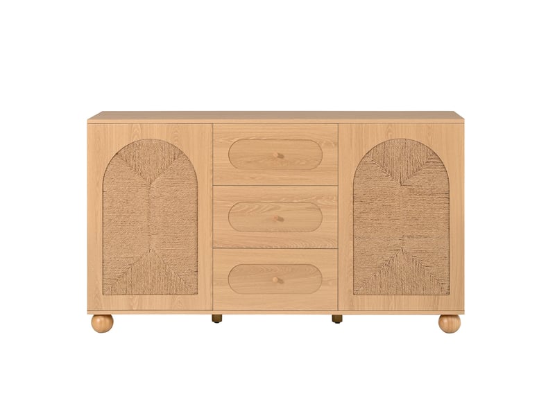  Commode 3 tiroirs et 2 portes, 140 x40 x 80 cm, avec portes en tressage de corde, panneaux de particules et mdf, naturel  - Conforama A