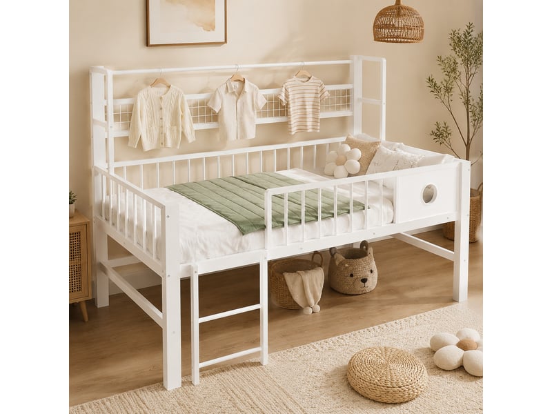  Lit mezzanine rangement et penderie en métal et mdf coloris blanc  - Conforama C