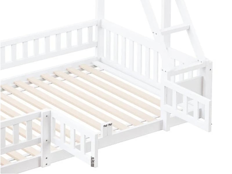  Lit superposé 90×200 + 140×200, toboggan, garde-corps, pin, en747, blanc  - Conforama E