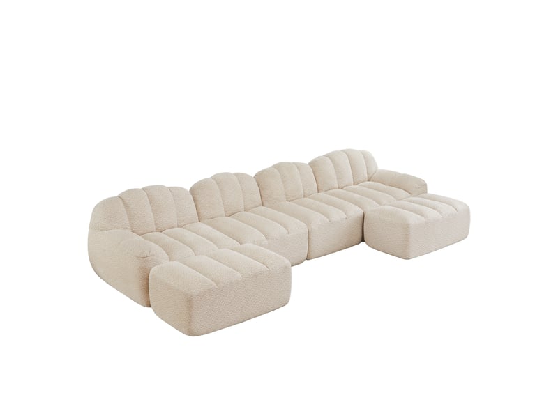 Canapé d’angle modulaire 4 places avec ottoman et assise profonde, en tissu beige blanc  - Conforama A