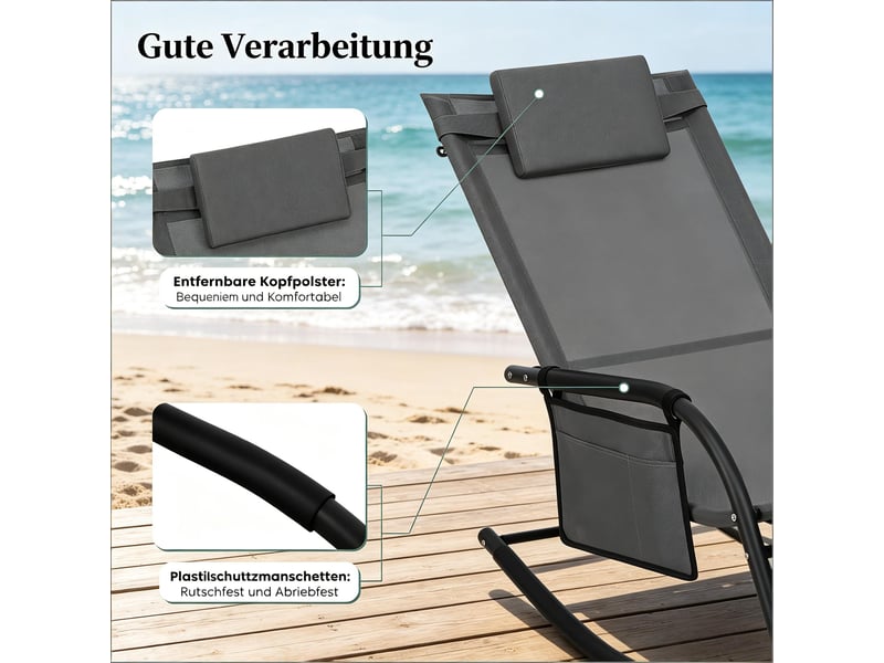 Chaise longue à bascule extérieure,152x62x83 cm,avec poche latérale,polyester,gris - Conforama E