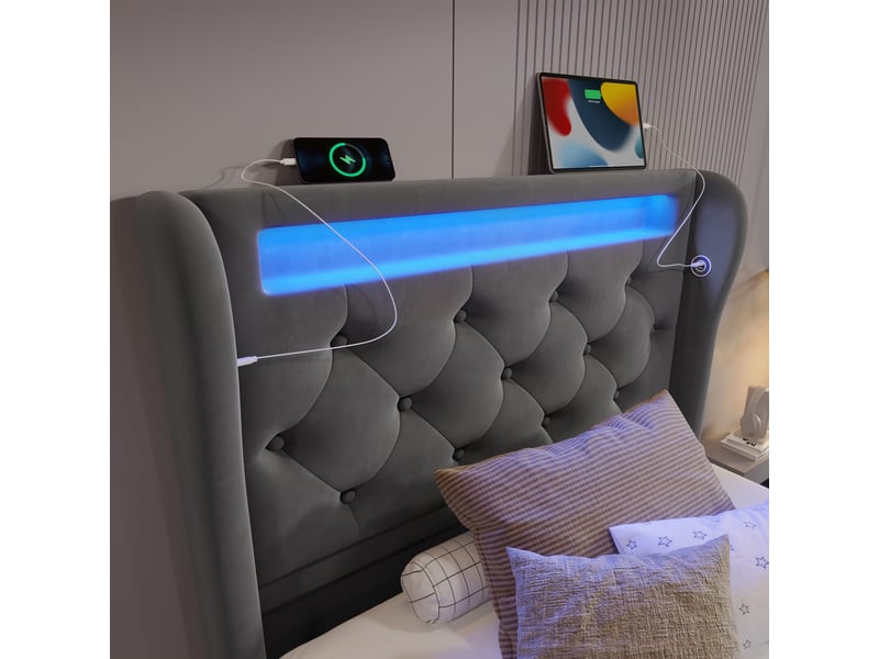  Lit coffre en velours gris, lit simple 200x90 cm avec rangement hydraulique, led, usb et type-c, sans matelas  - Conforama E
