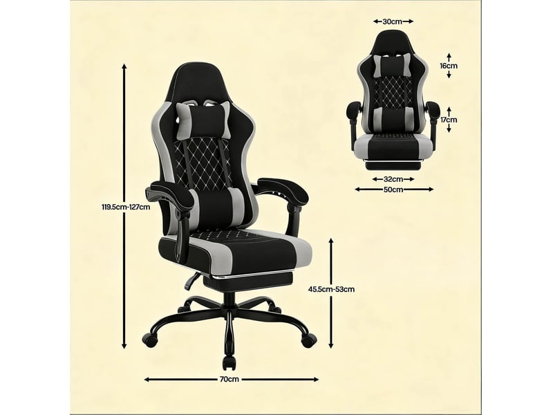 Chaise de bureau pivotante avec massage lombaire, appuie-tête et accoudoirs réglables en tissu mesh noir et gris - Conforama E