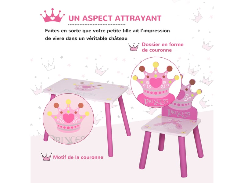  Ensemble table et 2 chaises enfant 3 pièces, pieds en bois massif, table enfant avec chaise motif couronne, rose, pour filles et garçons de 2 à 4 ans  - Conforama W