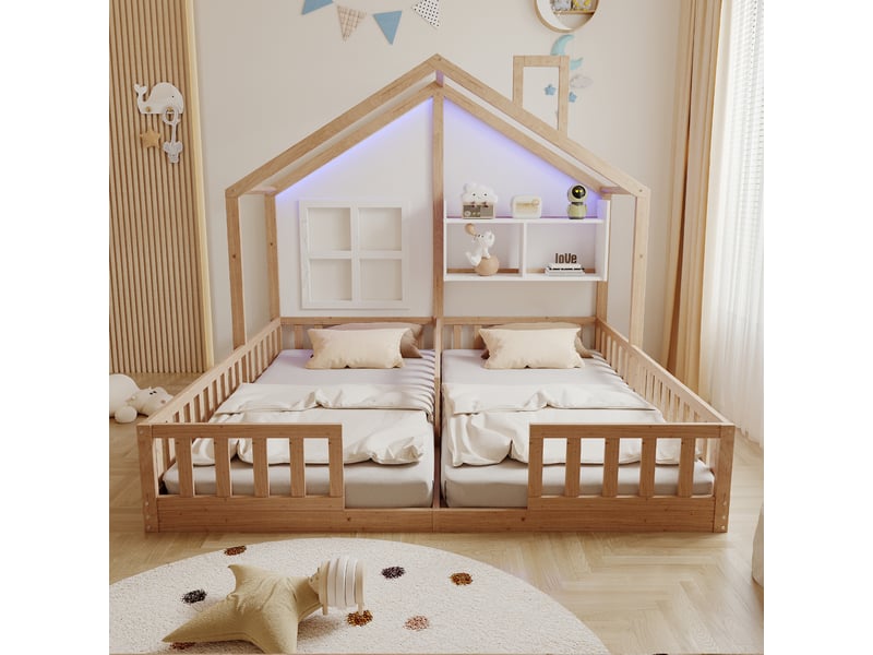  Lit cabane double enfant 90 x 200 cm x2, lit maison en bois naturel avec fenêtres, cheminée, led, étagère, barrières et sommiers à lattes  - Conforama C
