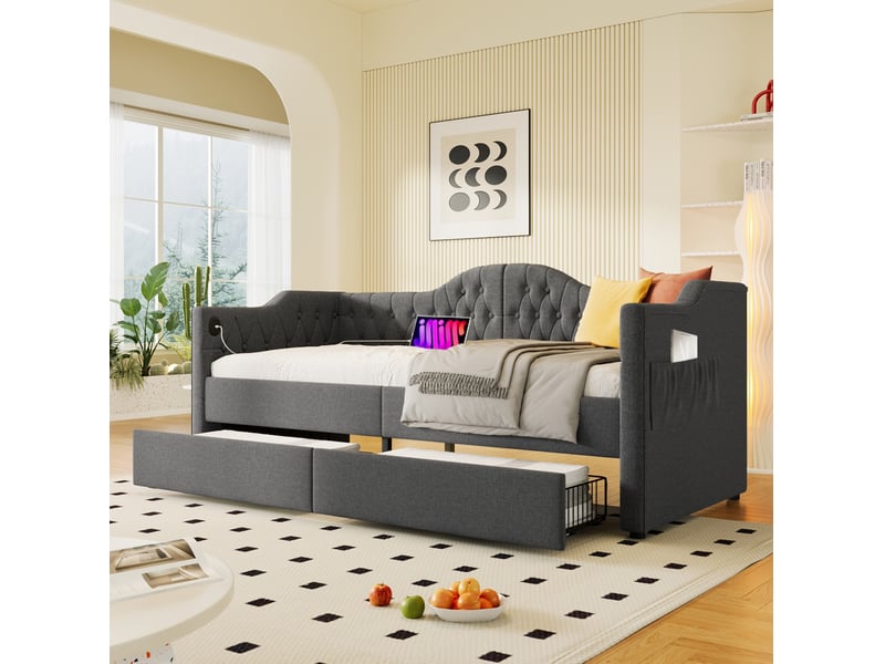  Lit banquette 90x190 cm gris en lin avec 2 tiroirs, usb et usb-c  - Conforama D