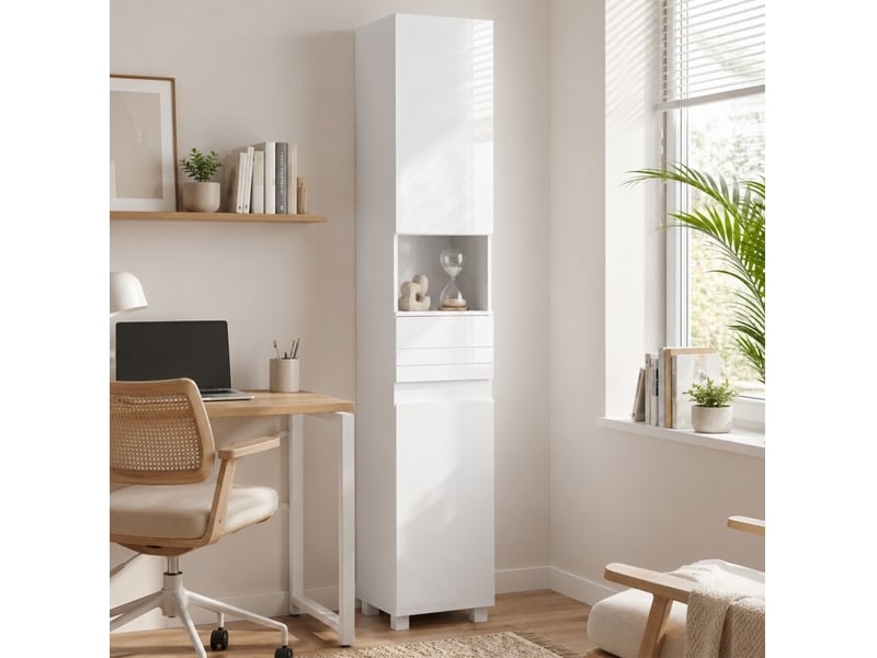  Colonne de salle de bain 30 x 30 x 170 cm – blanche brillante – 2 portes, tiroir et étagères réglables  - Conforama B