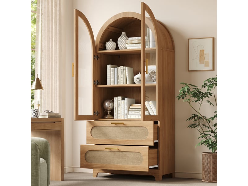  Vitrine bibliothèque 175 x 80 x 40 cm, 2 portes avec arches style montmartre, 2 tiroirs, étagères réglables, design rétro, chêne Bliss Lite - Conforama E