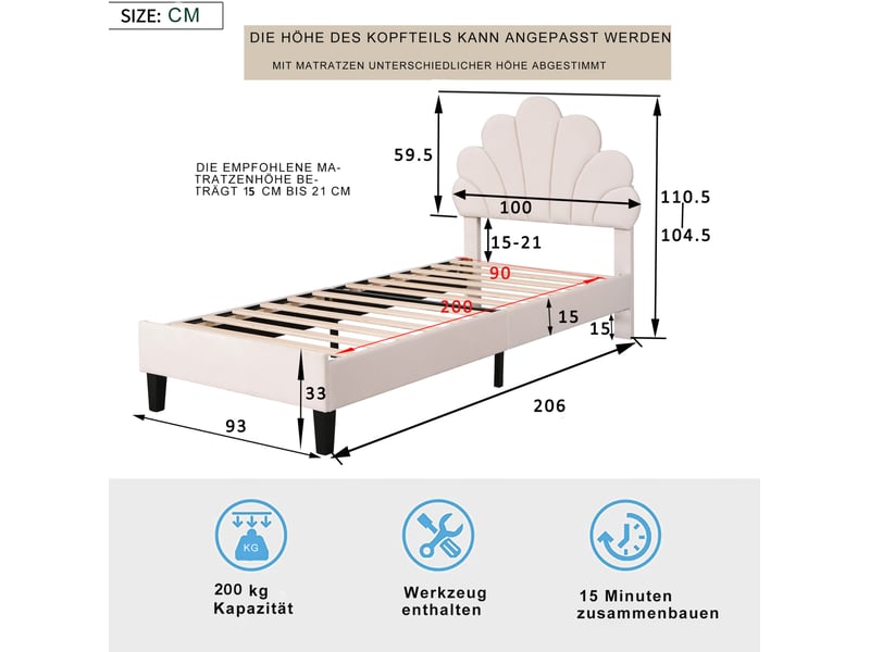 Lit enfant capitonné 90x200 cm à tête de lit fleur, velours beige - Conforama E